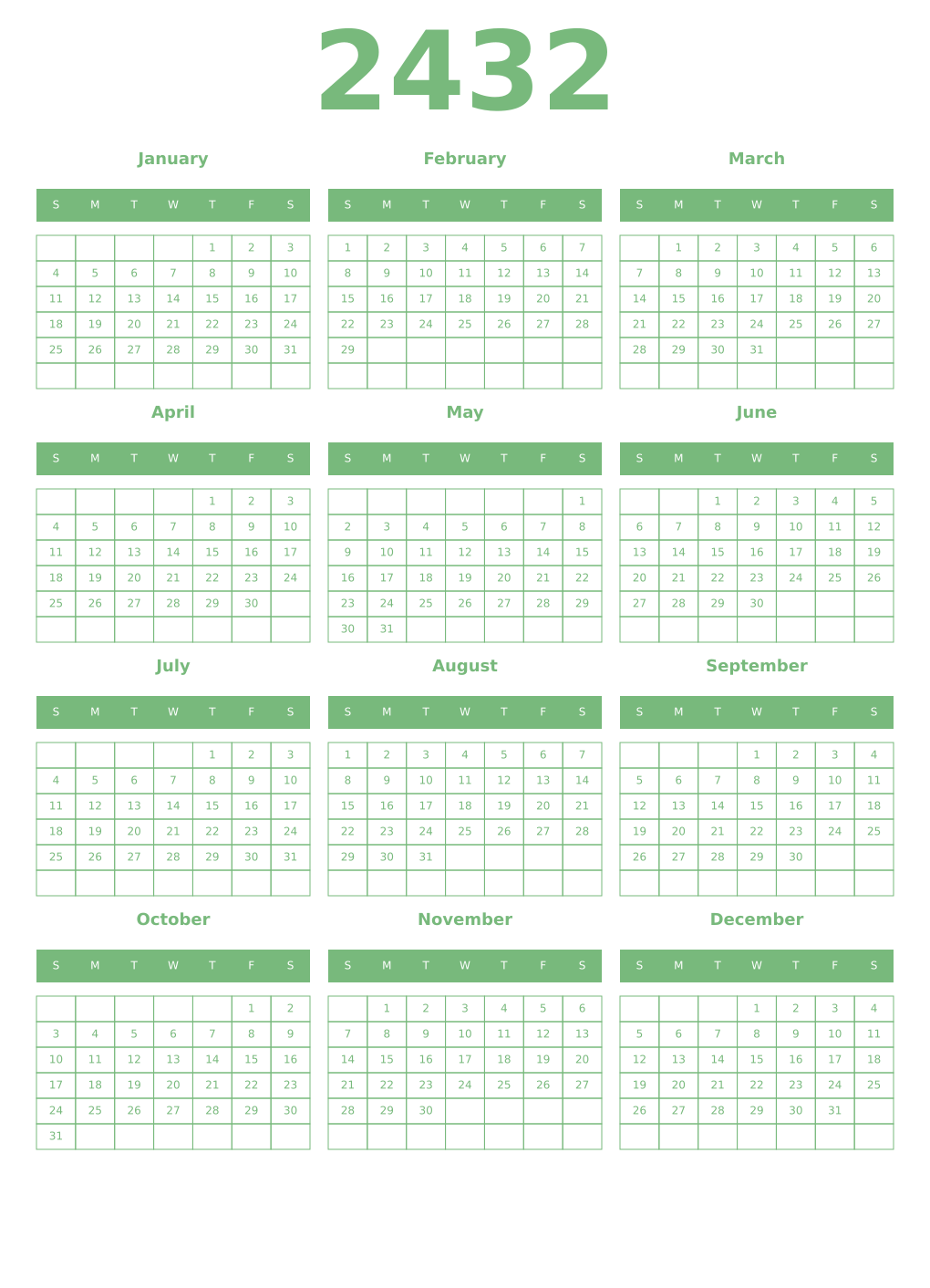 Printable 2432 Year Calendars celadon