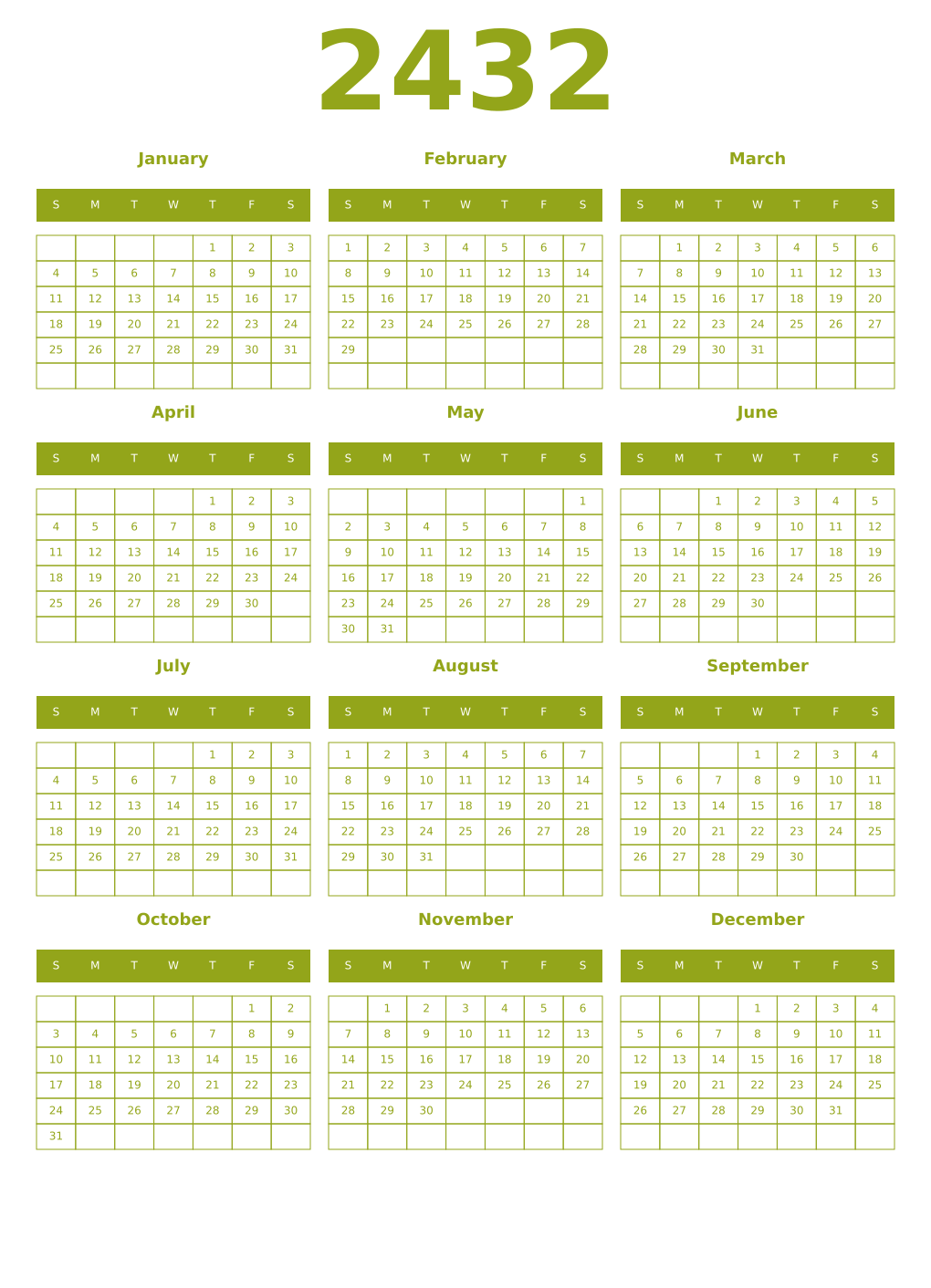 Printable 2432 Year Calendars chartreuse