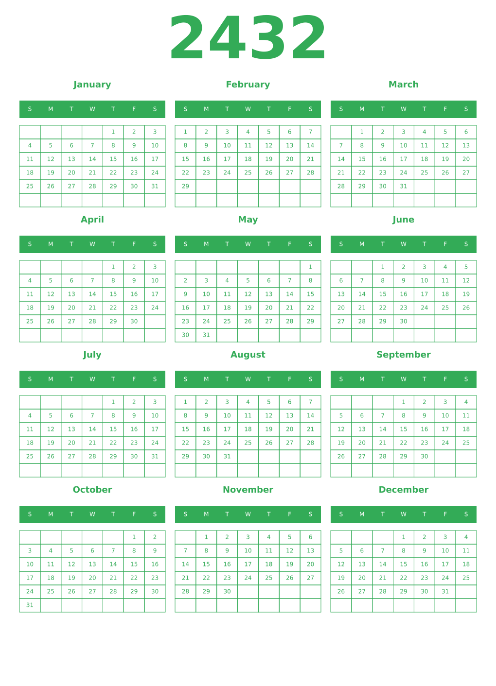 Printable 2432 Year Calendars green