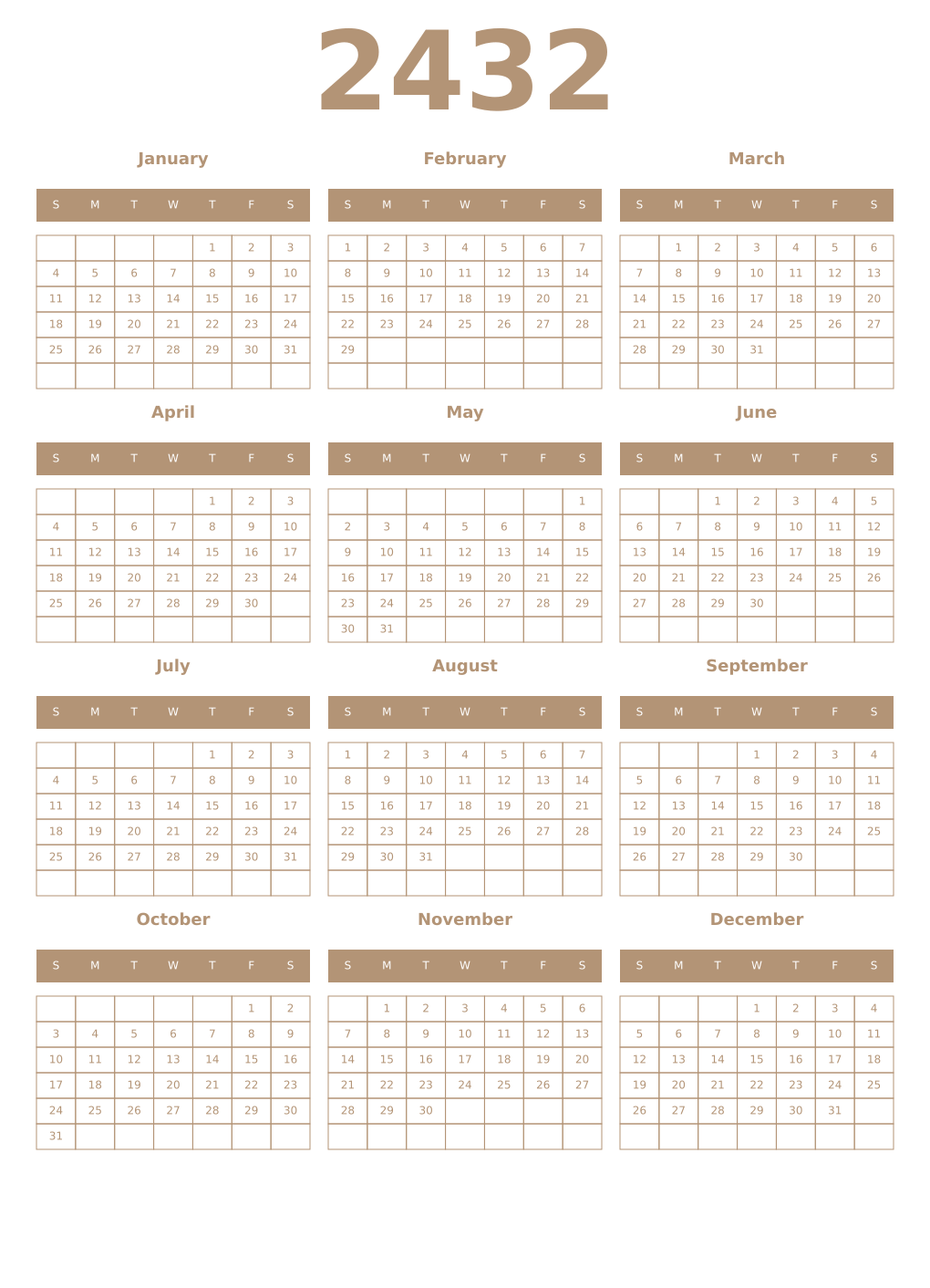 Printable 2432 Year Calendars isabelline