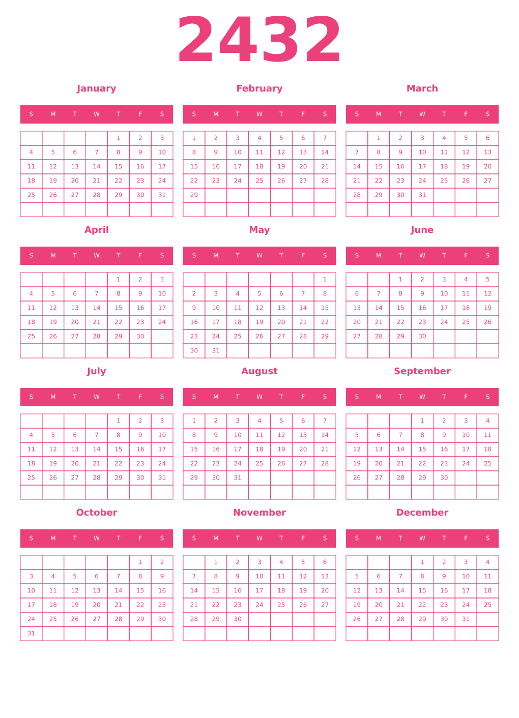 Printable 2432 Year Calendars pink