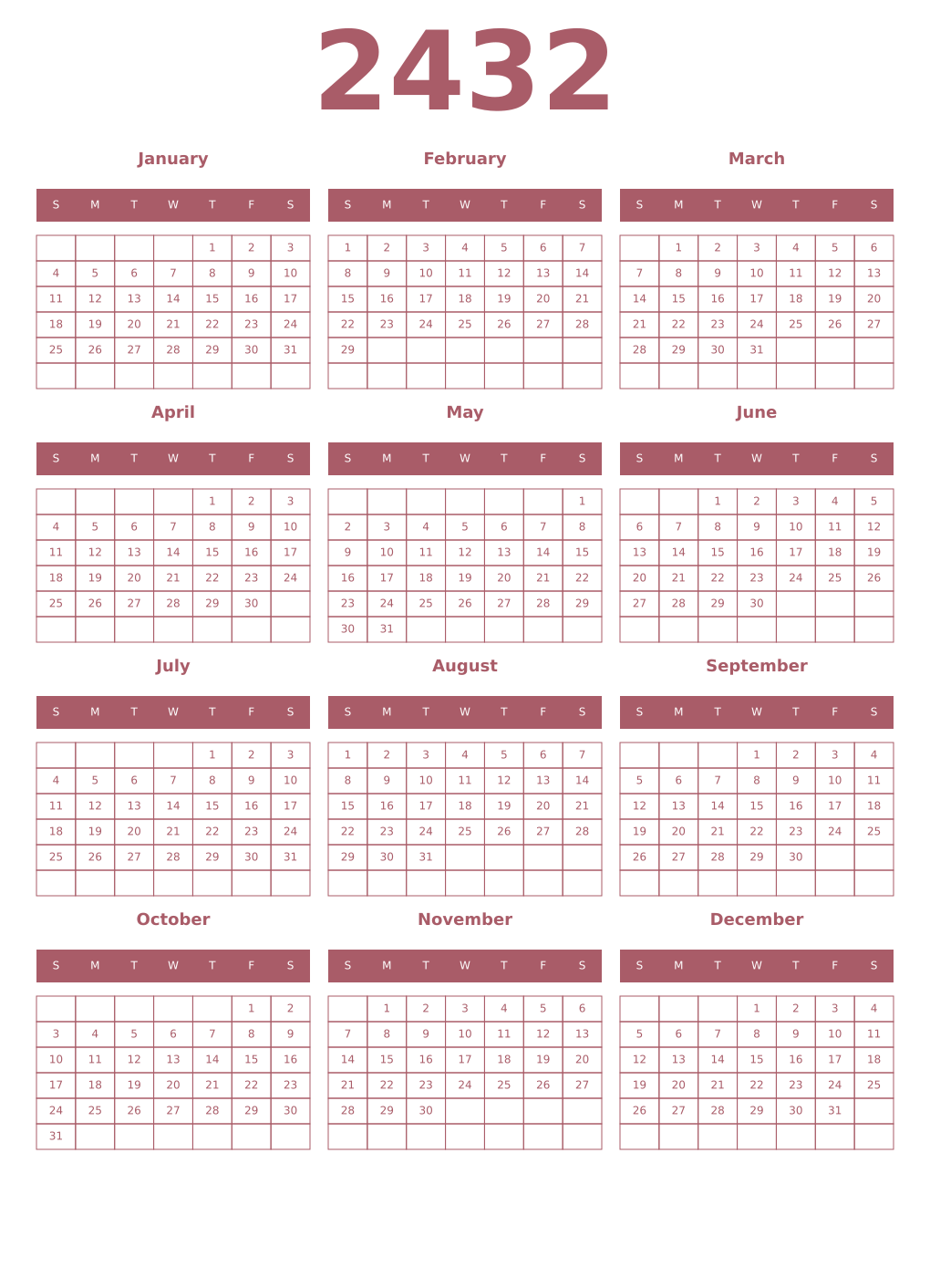 Printable 2432 Year Calendars puce