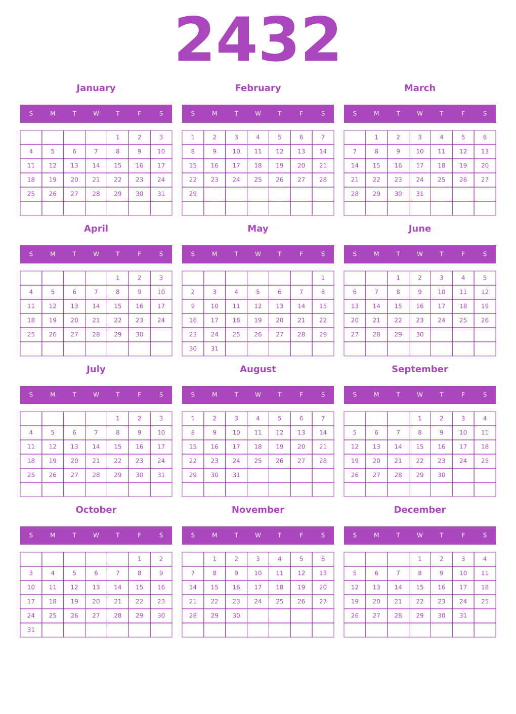 Printable 2432 Year Calendars purple