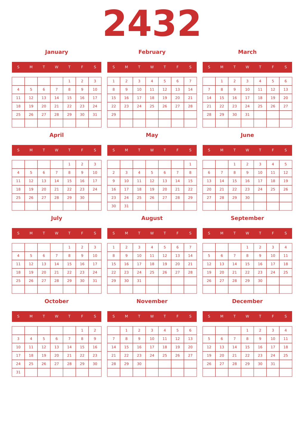 Printable 2432 Year Calendars red