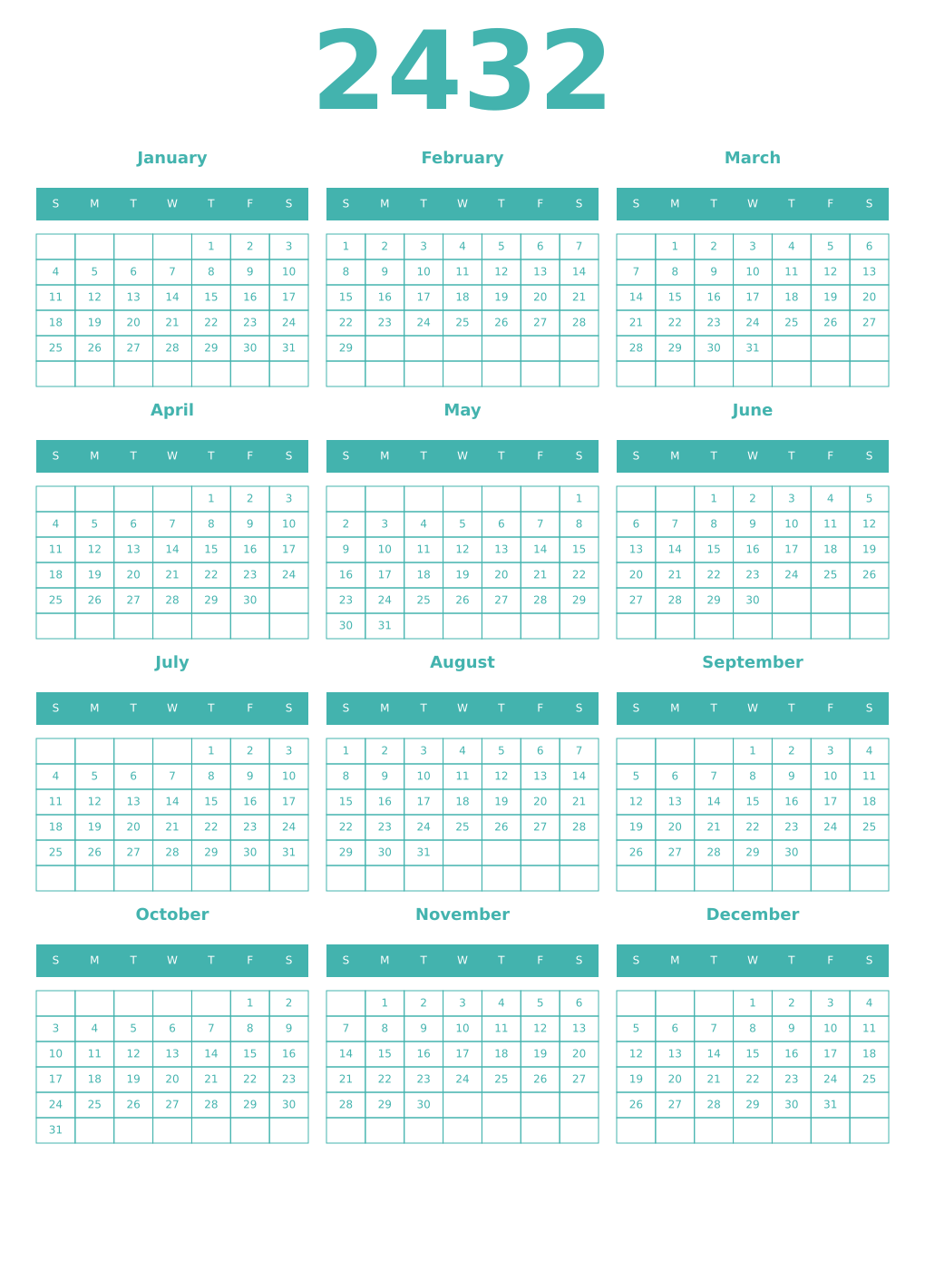 Printable 2432 Year Calendars verdigris