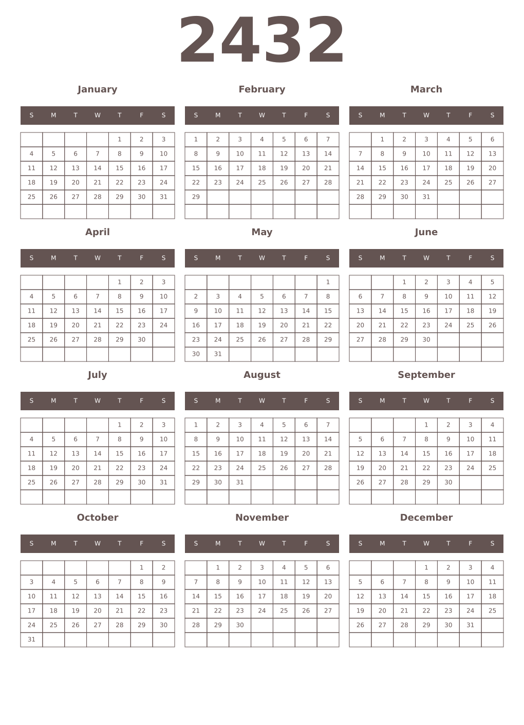 Printable 2432 Year Calendars wenge