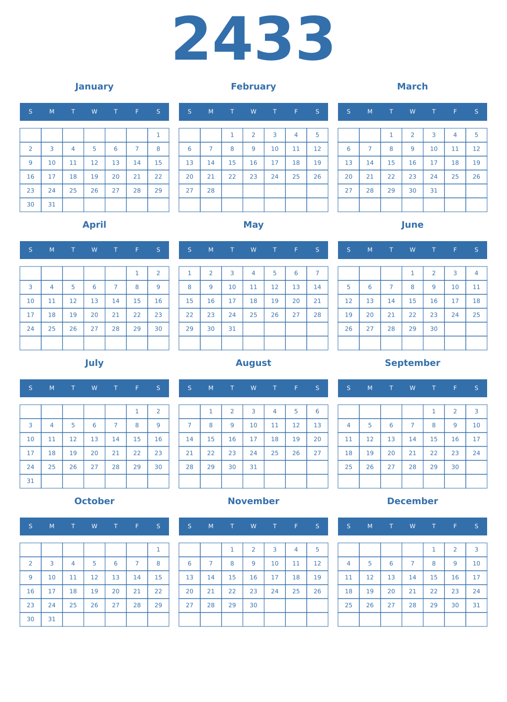 Printable 2433 Year Calendars blue