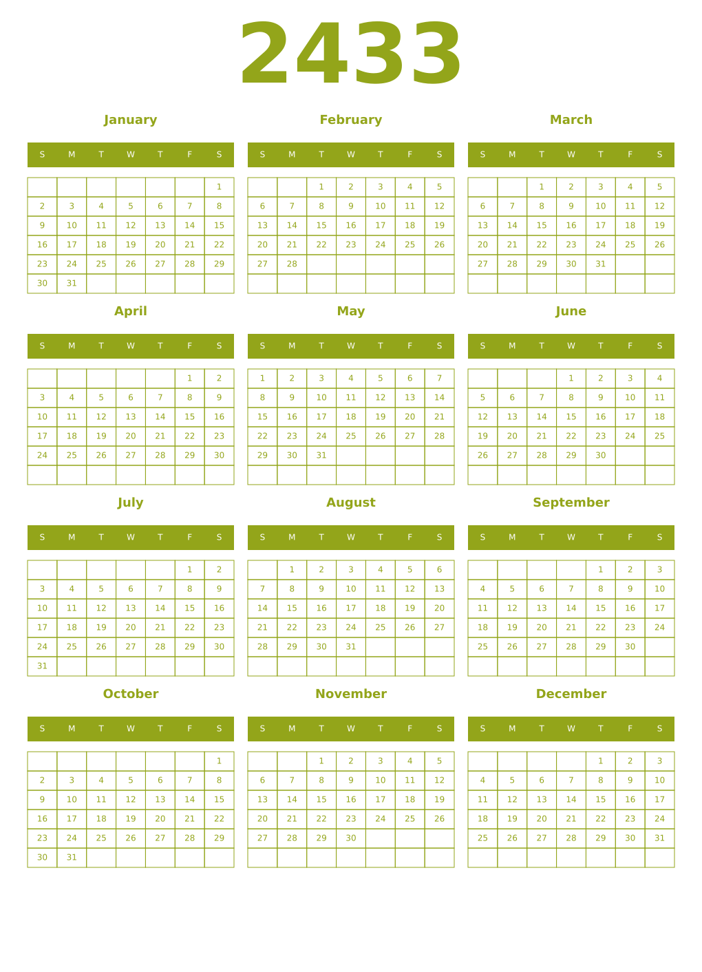 Printable 2433 Year Calendars chartreuse