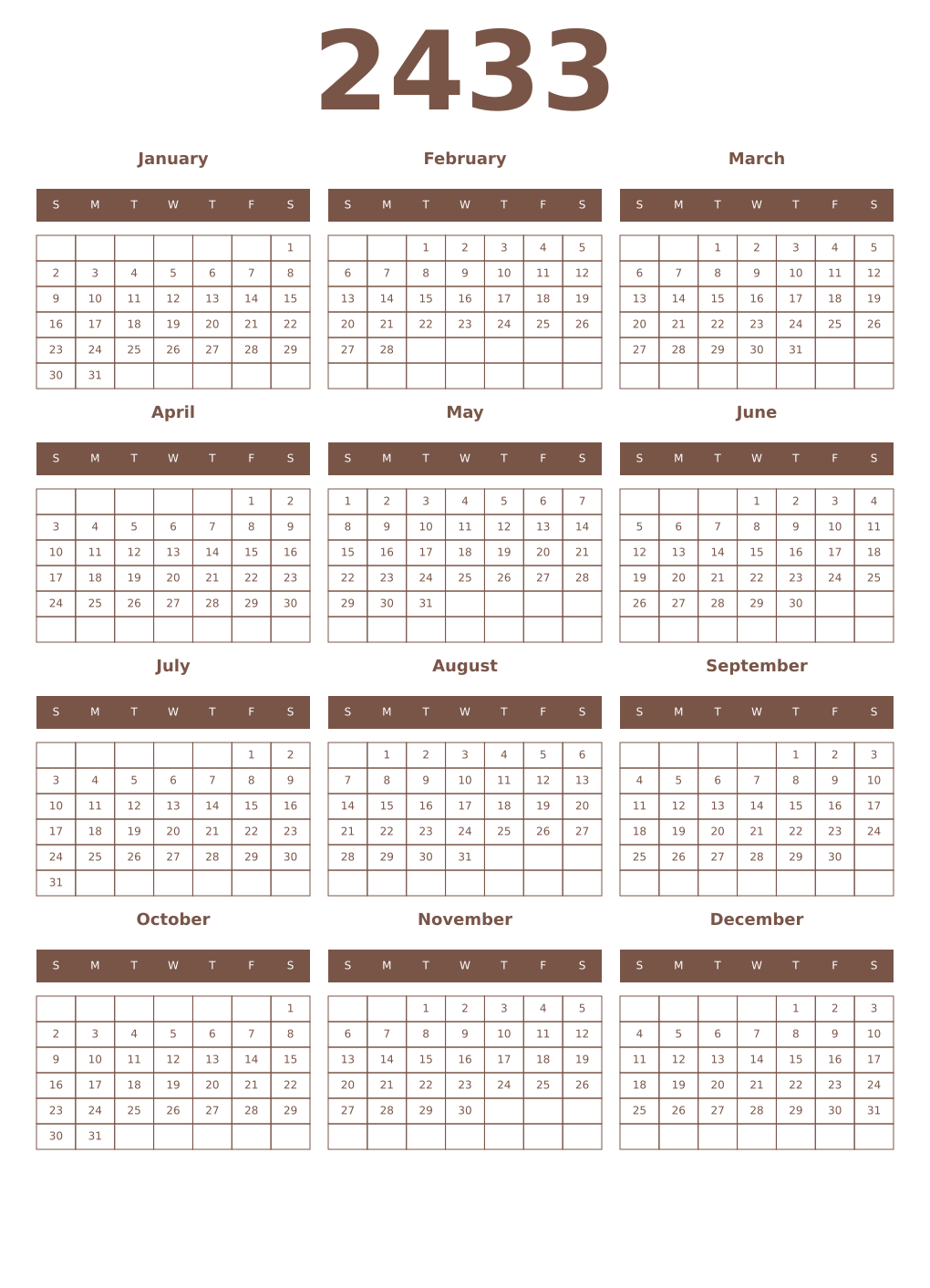 Printable 2433 Year Calendars coffe
