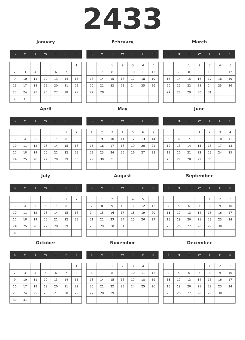 Printable 2433 Year Calendars dark