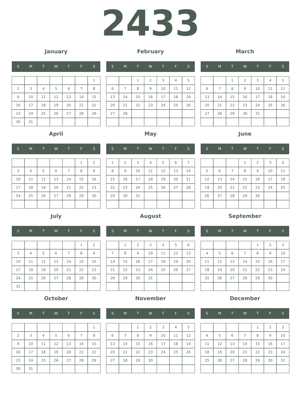 Printable 2433 Year Calendars feldgrau