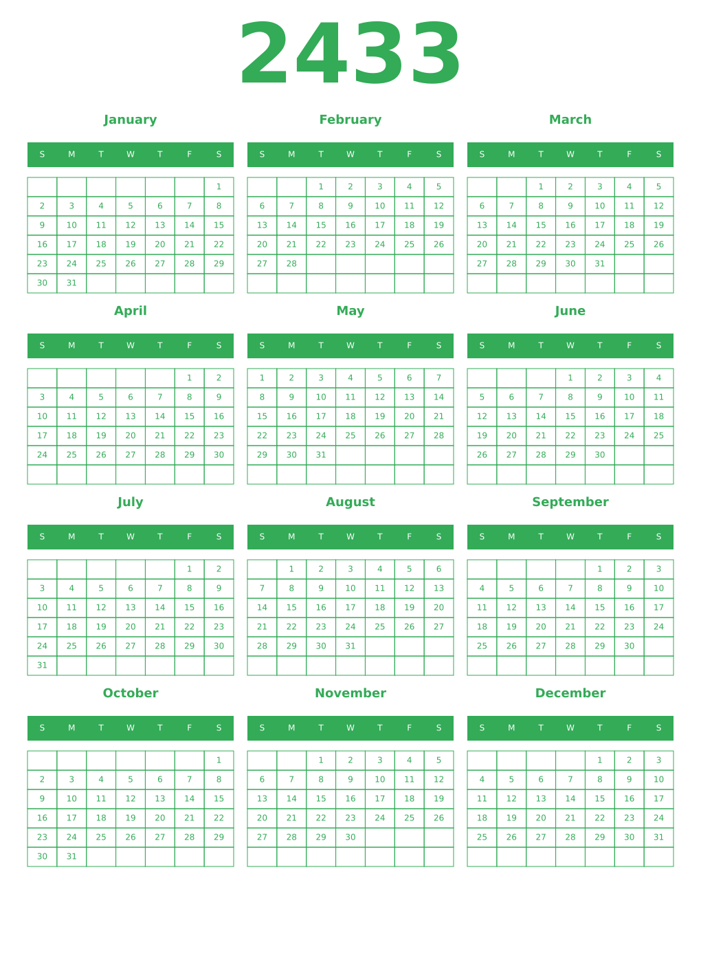 Printable 2433 Year Calendars green