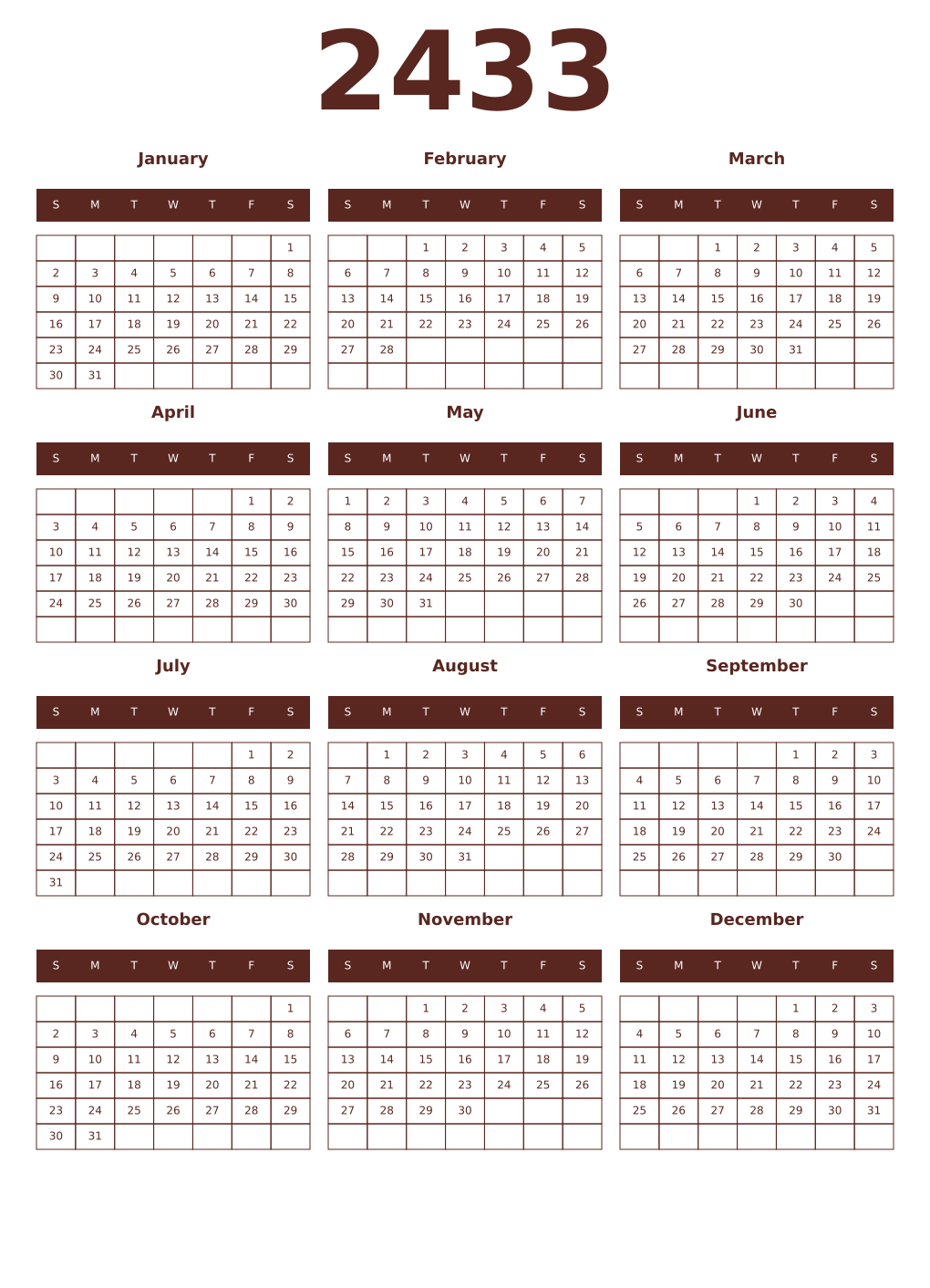 Printable 2433 Year Calendars mortuum