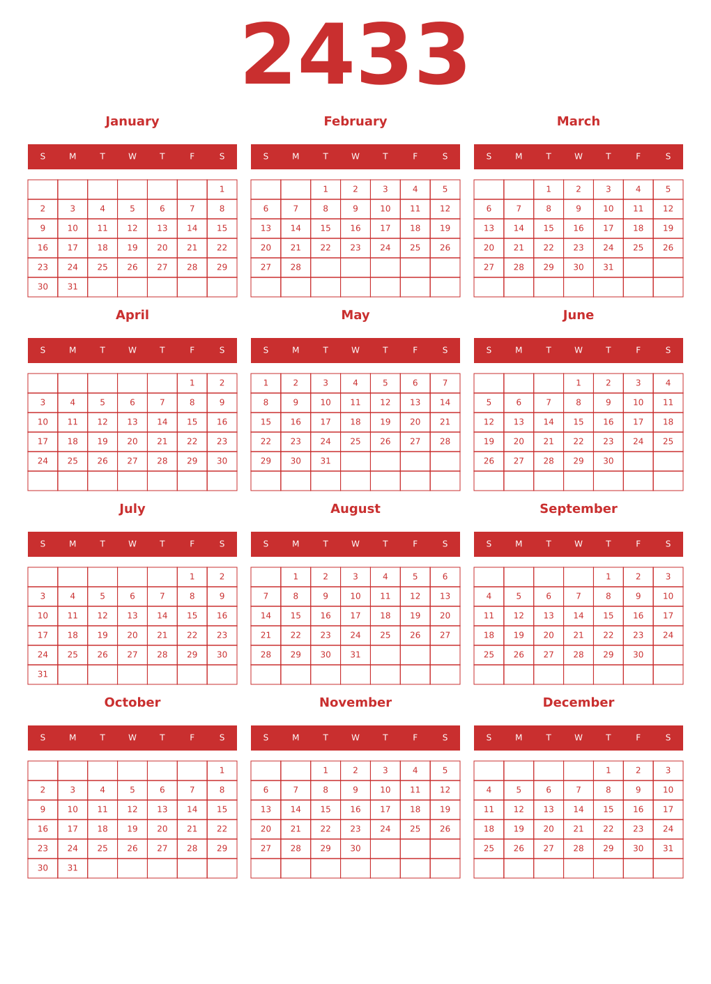 Printable 2433 Year Calendars red