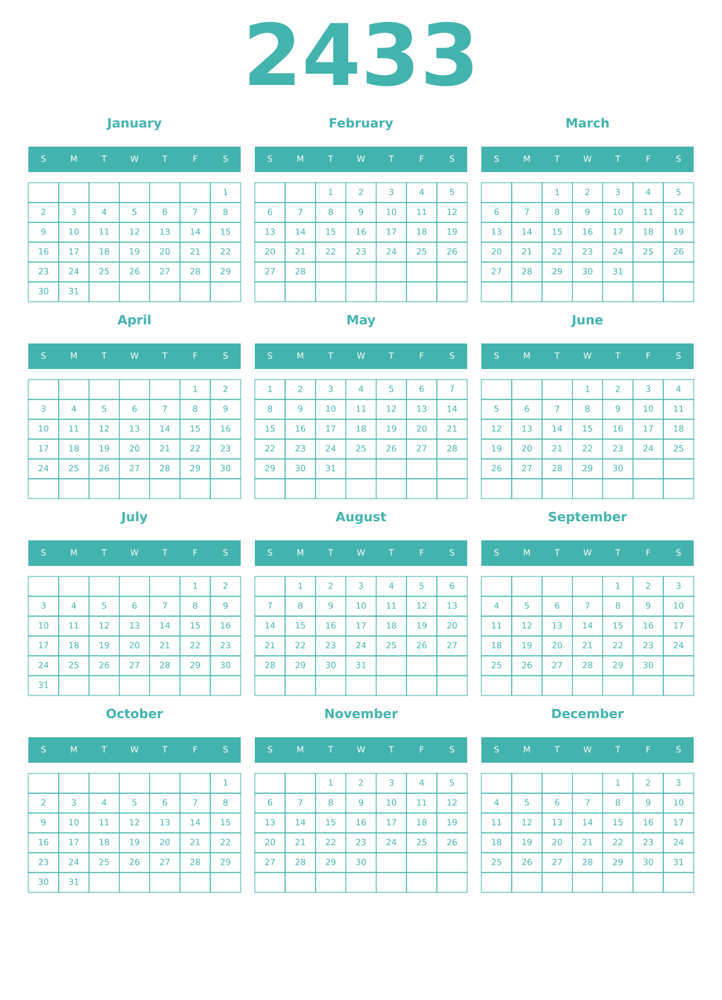 Printable 2433 Year Calendars verdigris
