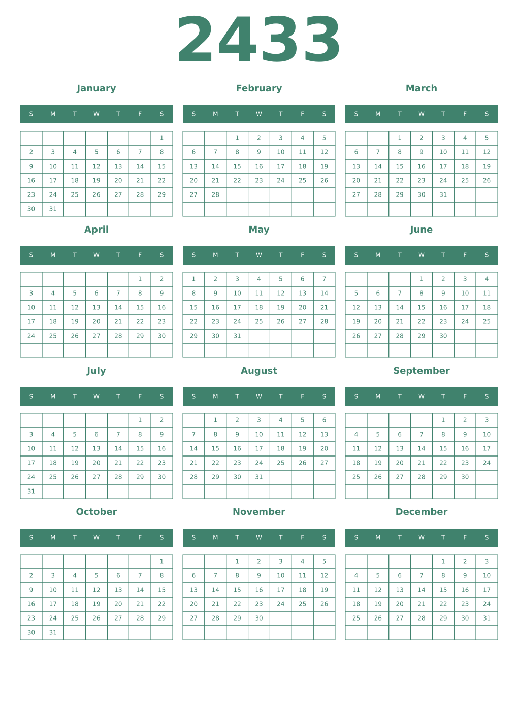 Printable 2433 Year Calendars viridian