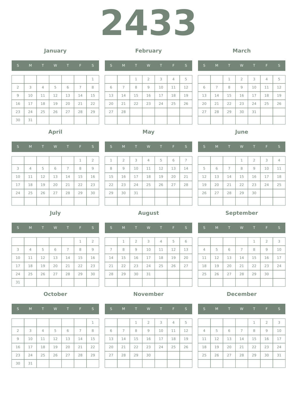 Printable 2433 Year Calendars xanadu