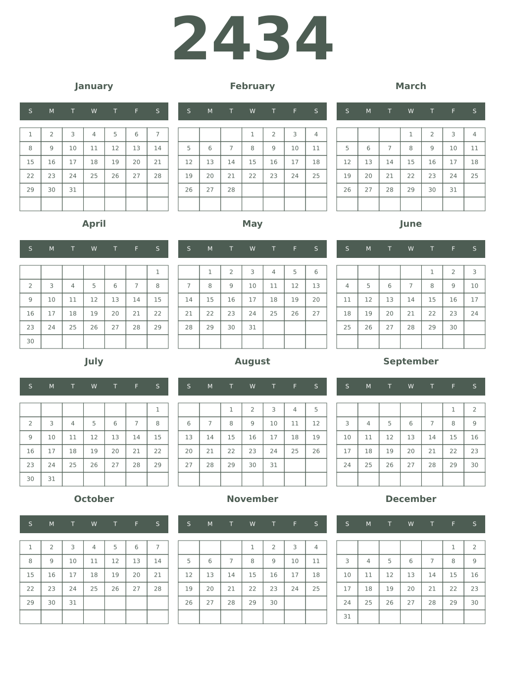 Printable 2434 Year Calendars feldgrau