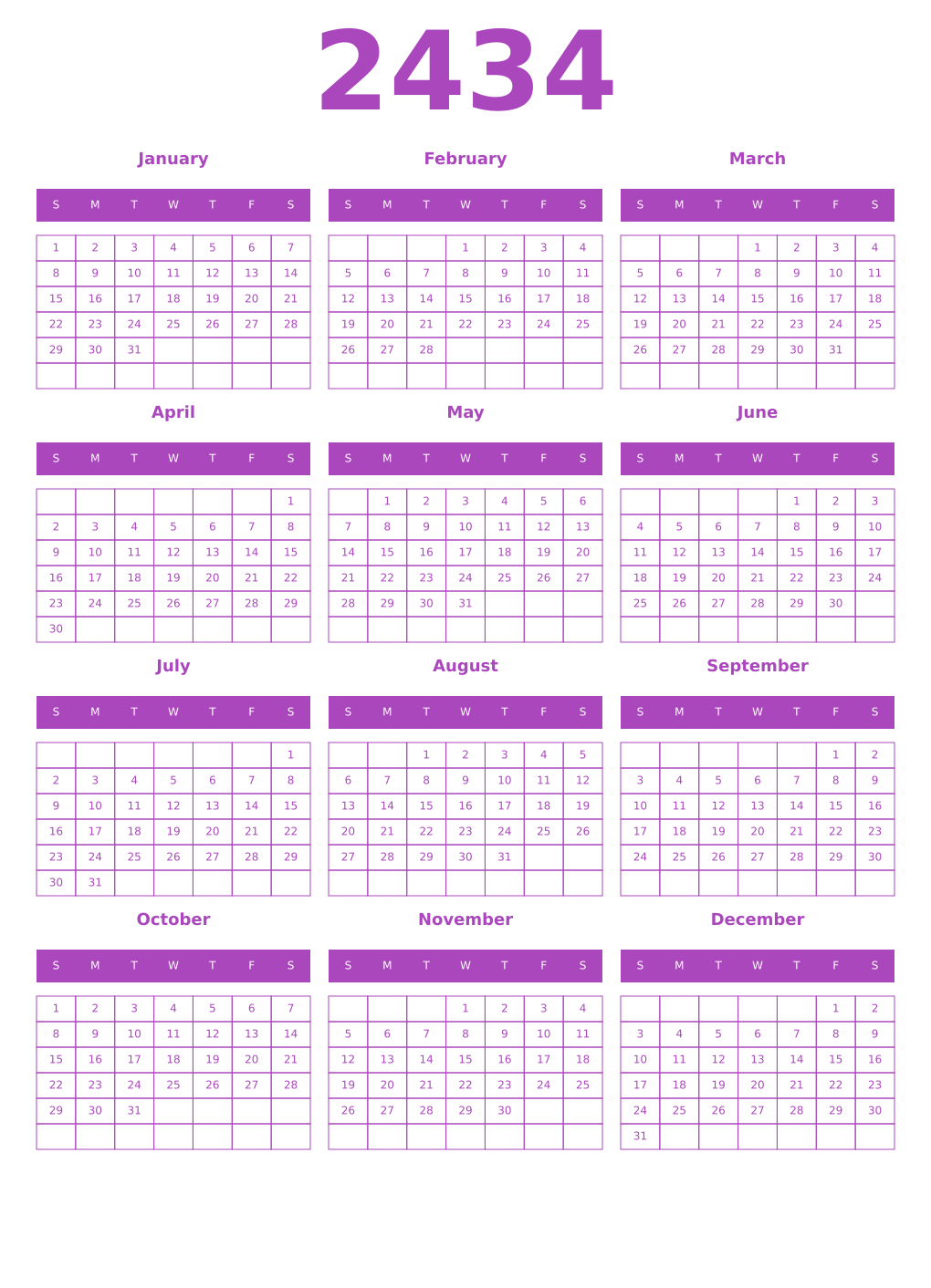 Printable 2434 Year Calendars purple