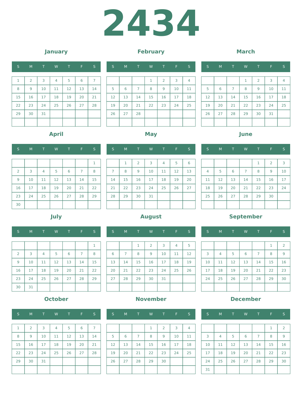 Printable 2434 Year Calendars viridian