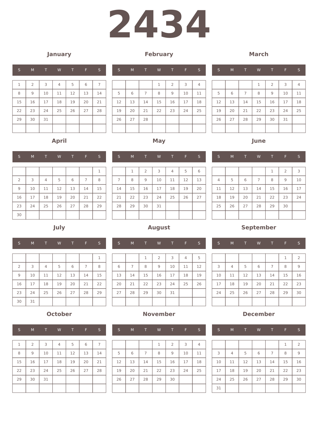 Printable 2434 Year Calendars wenge