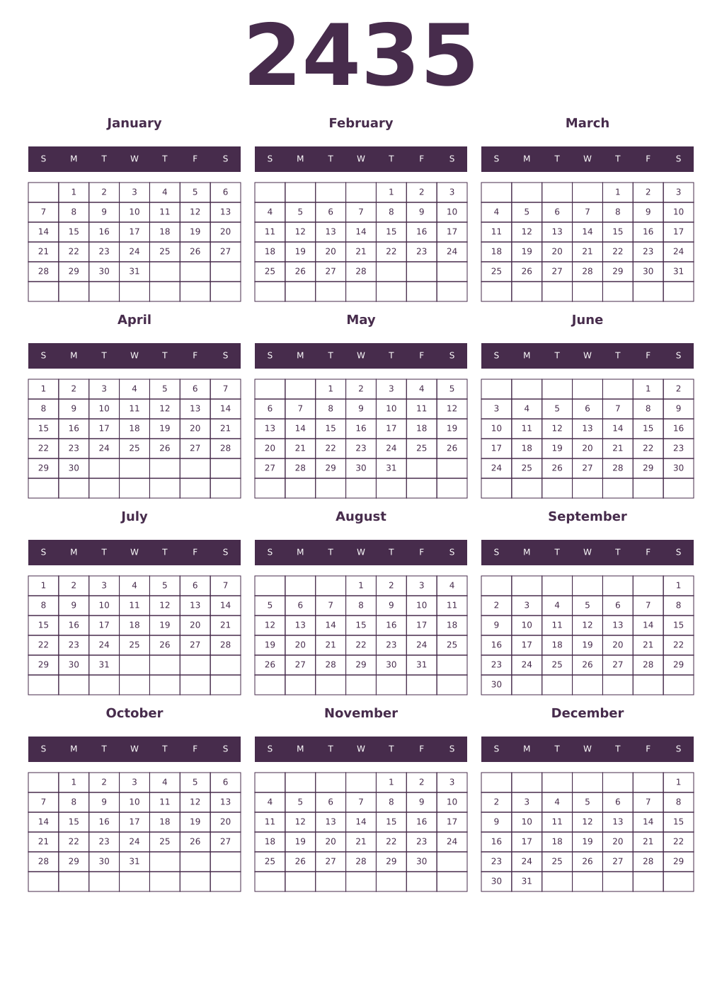 Printable 2435 Year Calendars aubergine