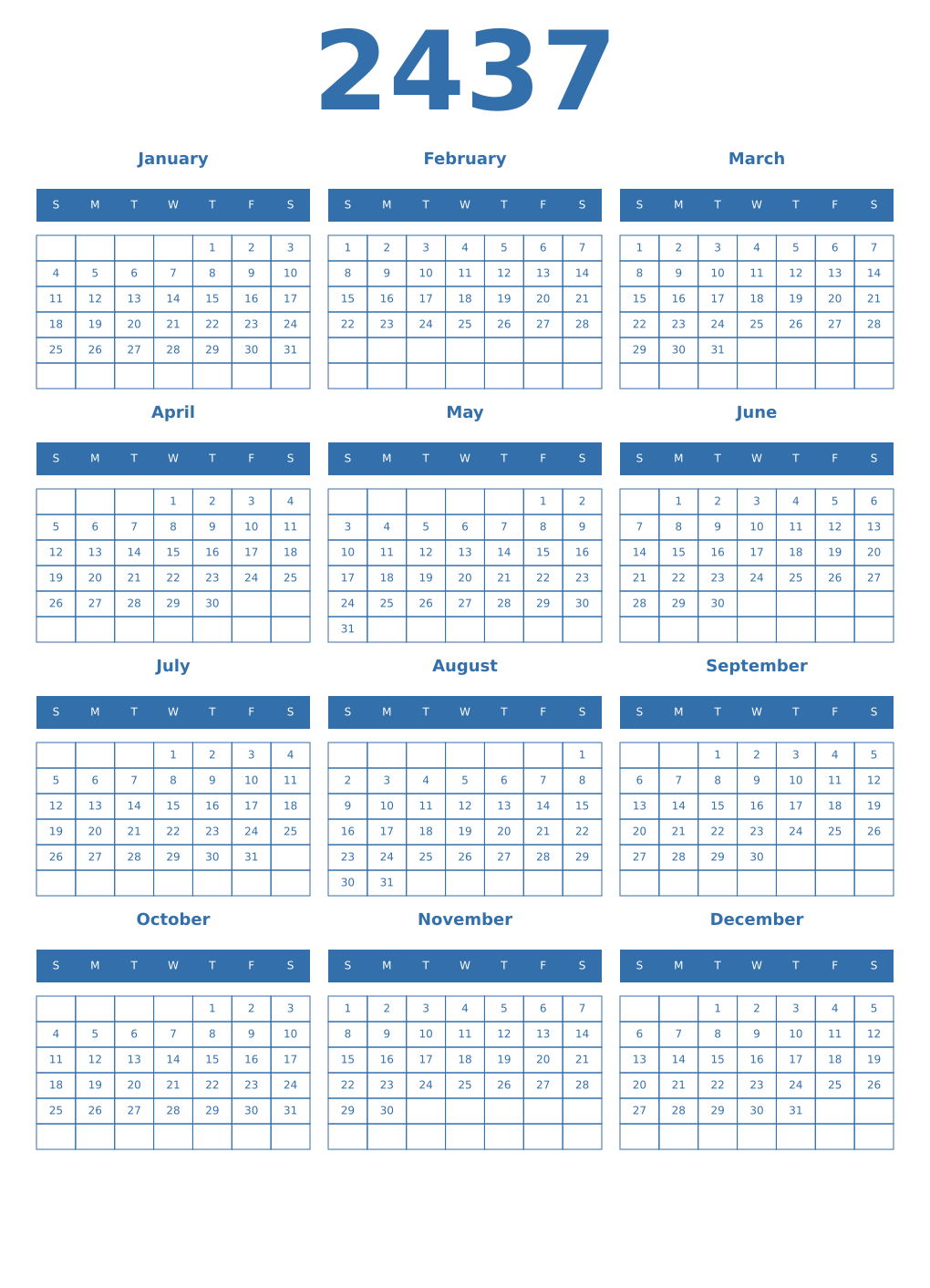 Printable 2437 Year Calendars blue
