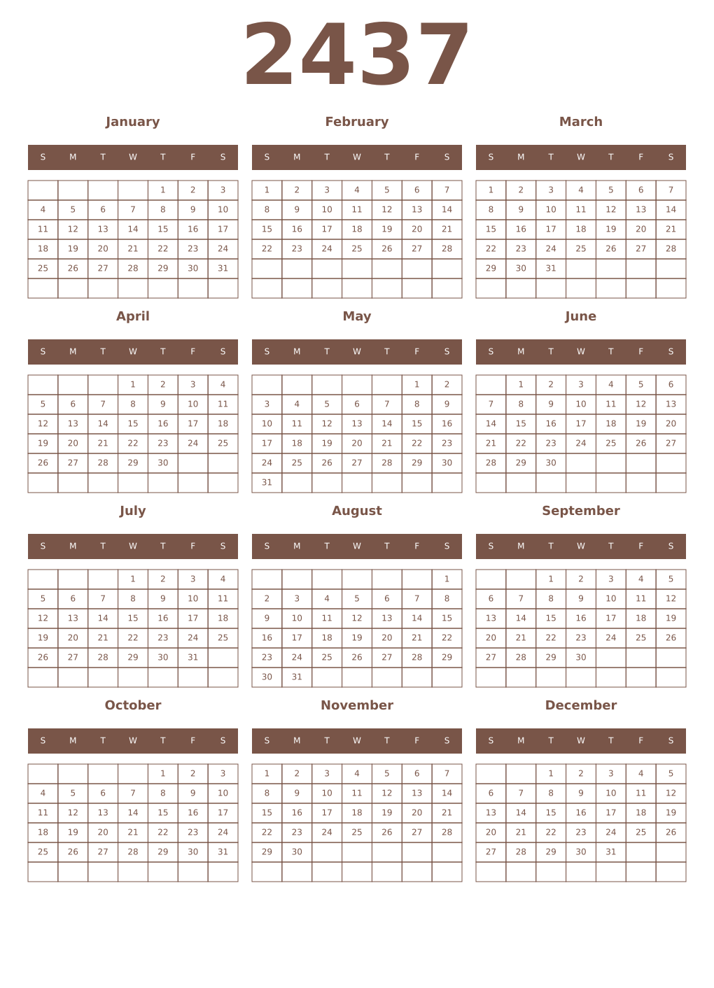 Printable 2437 Year Calendars coffe