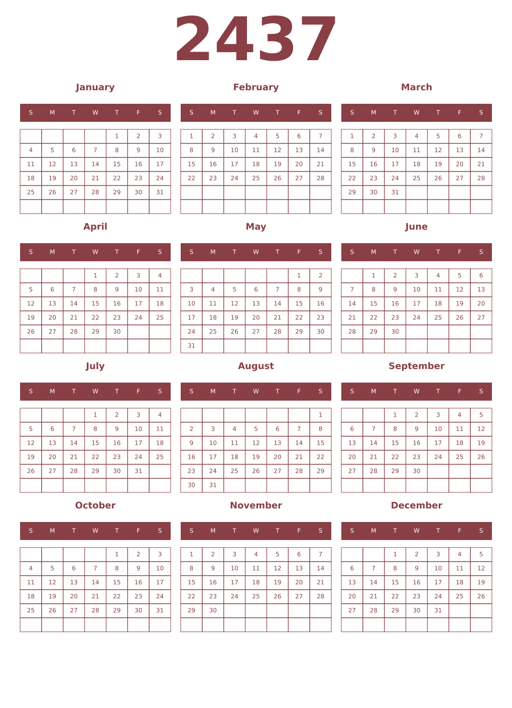 Printable 2437 Year Calendars cordovan