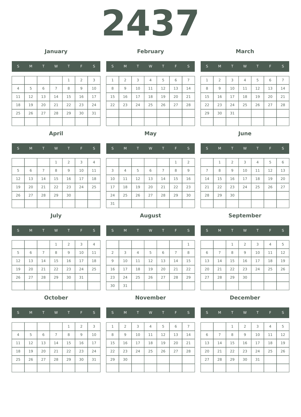 Printable 2437 Year Calendars feldgrau