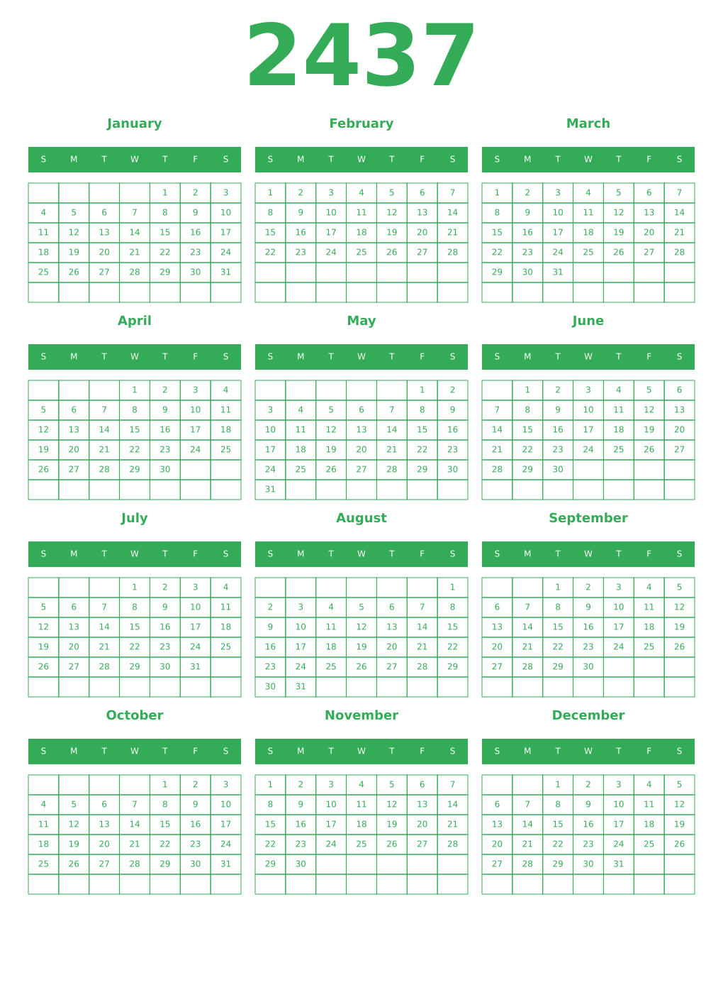 Printable 2437 Year Calendars green