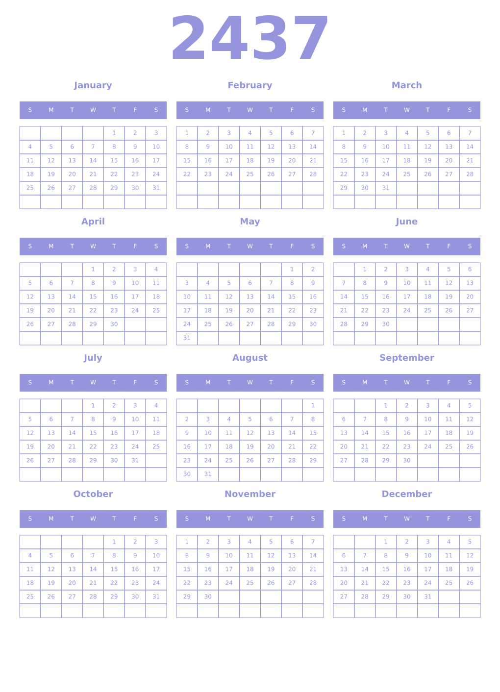 Printable 2437 Year Calendars periwinkle