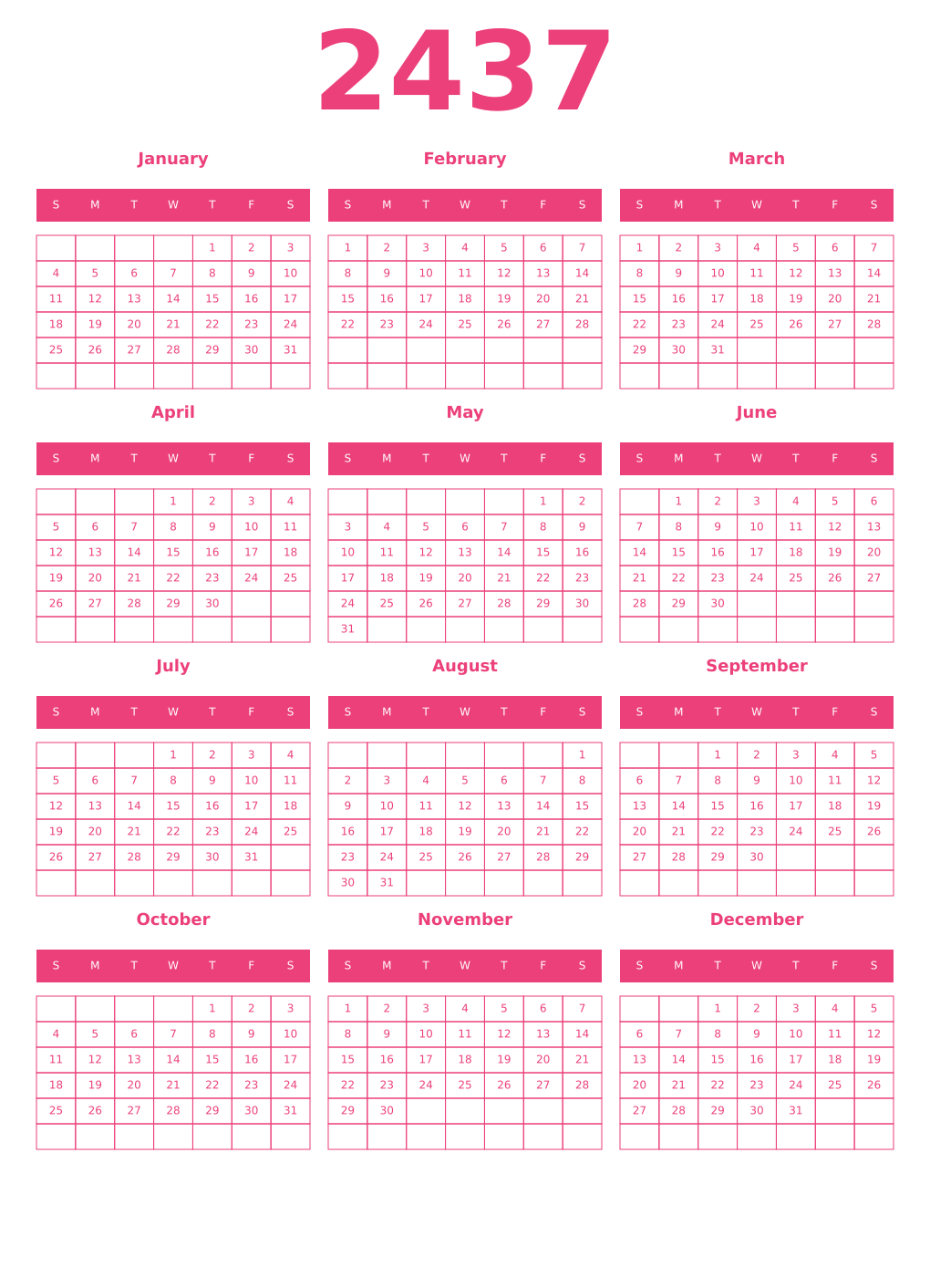 Printable 2437 Year Calendars pink