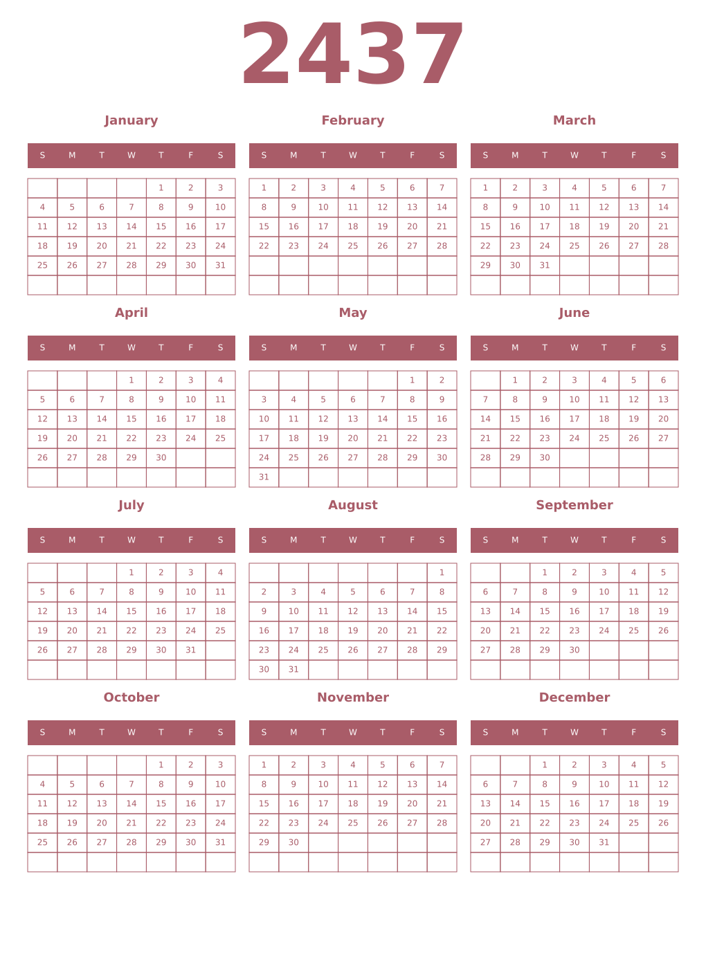 Printable 2437 Year Calendars puce