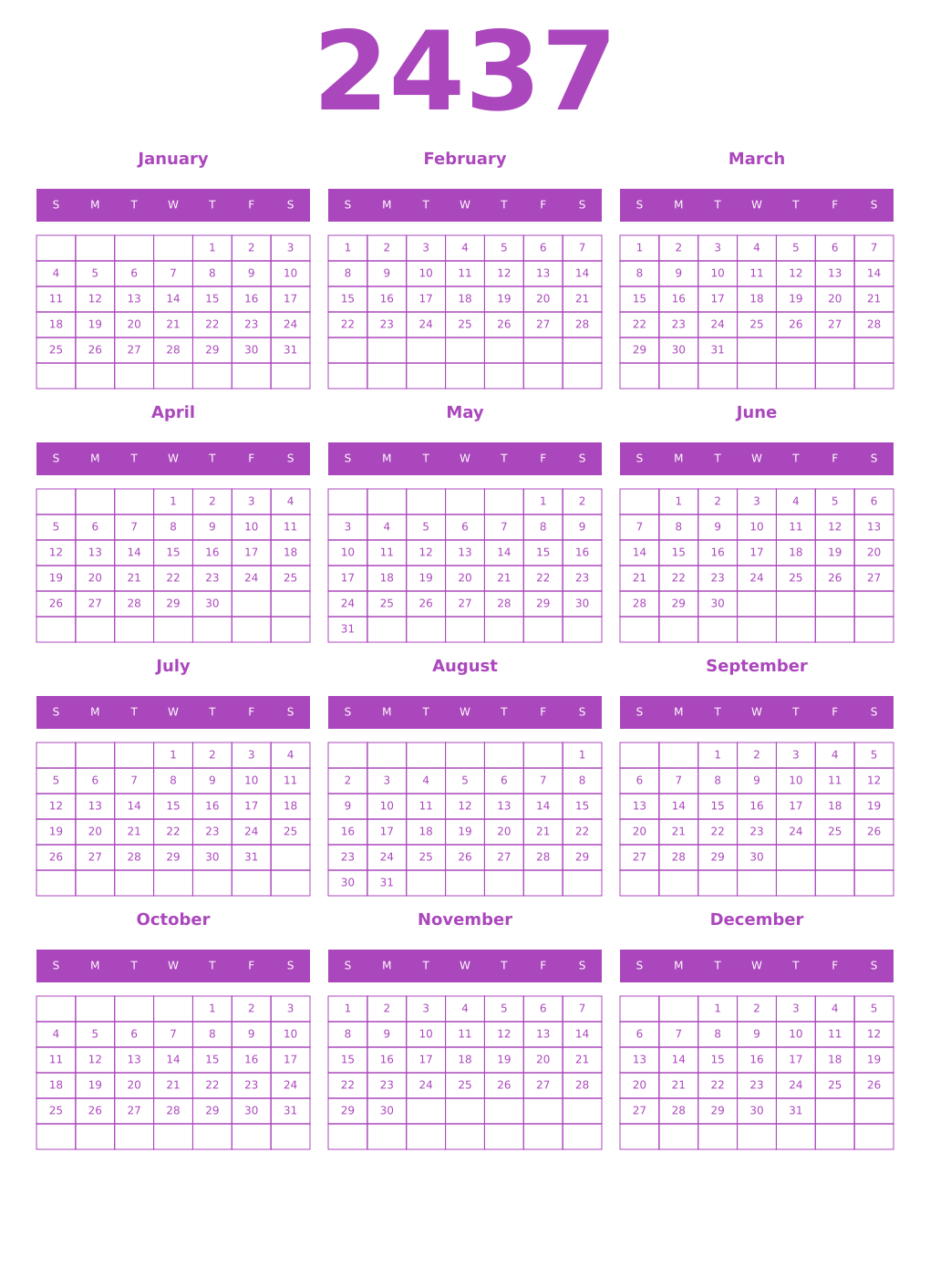 Printable 2437 Year Calendars purple