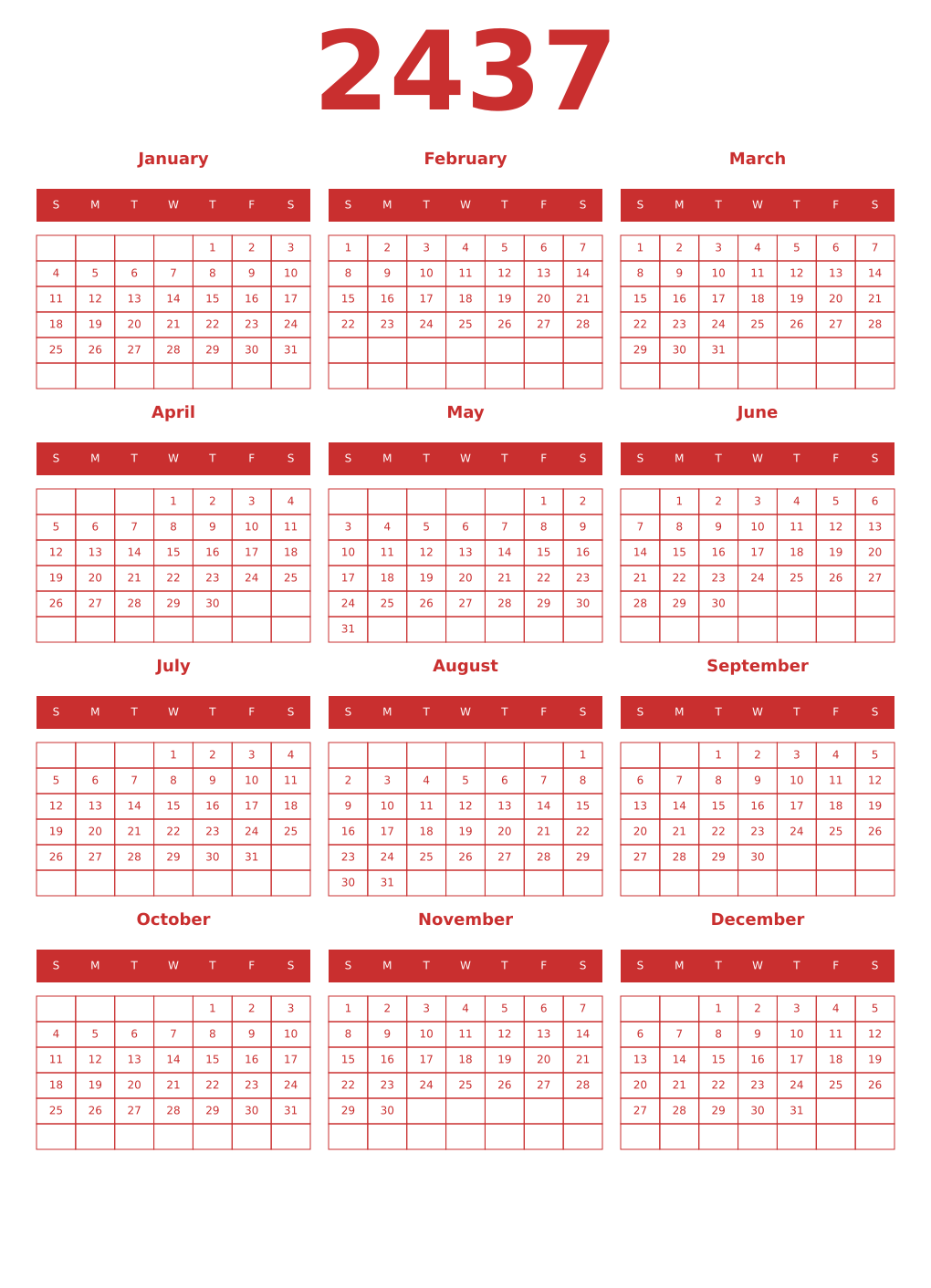 Printable 2437 Year Calendars red