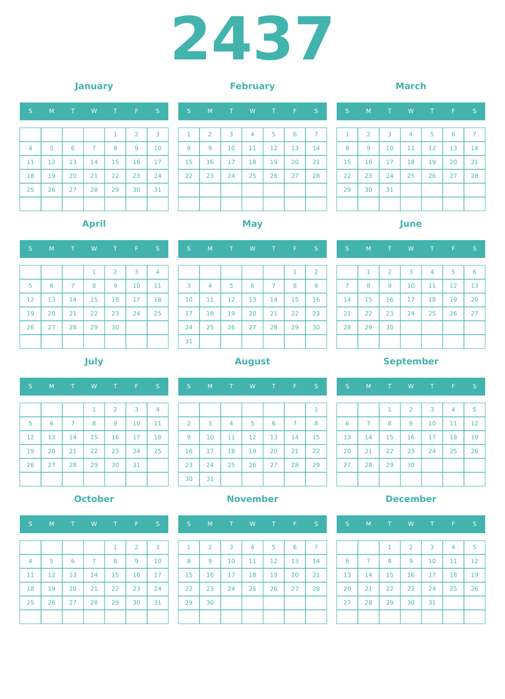Printable 2437 Year Calendars verdigris