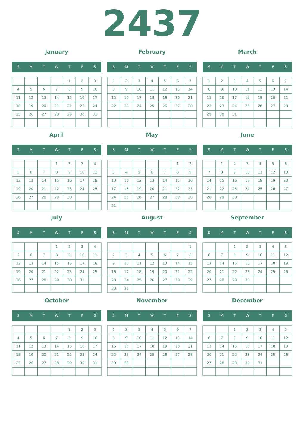 Printable 2437 Year Calendars viridian