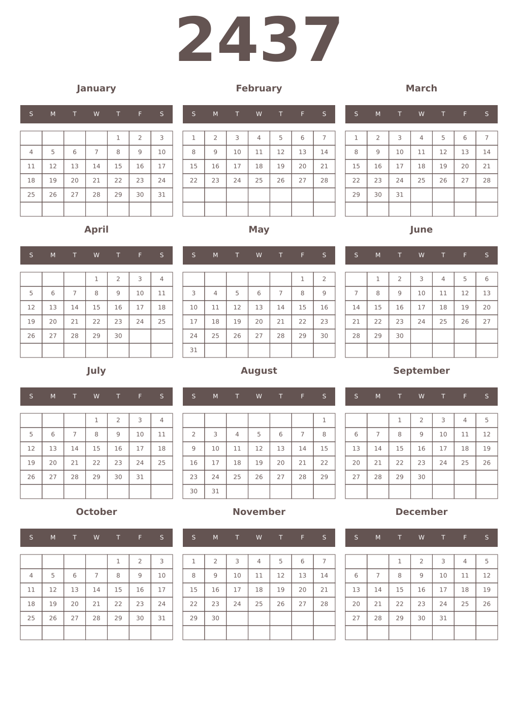 Printable 2437 Year Calendars wenge