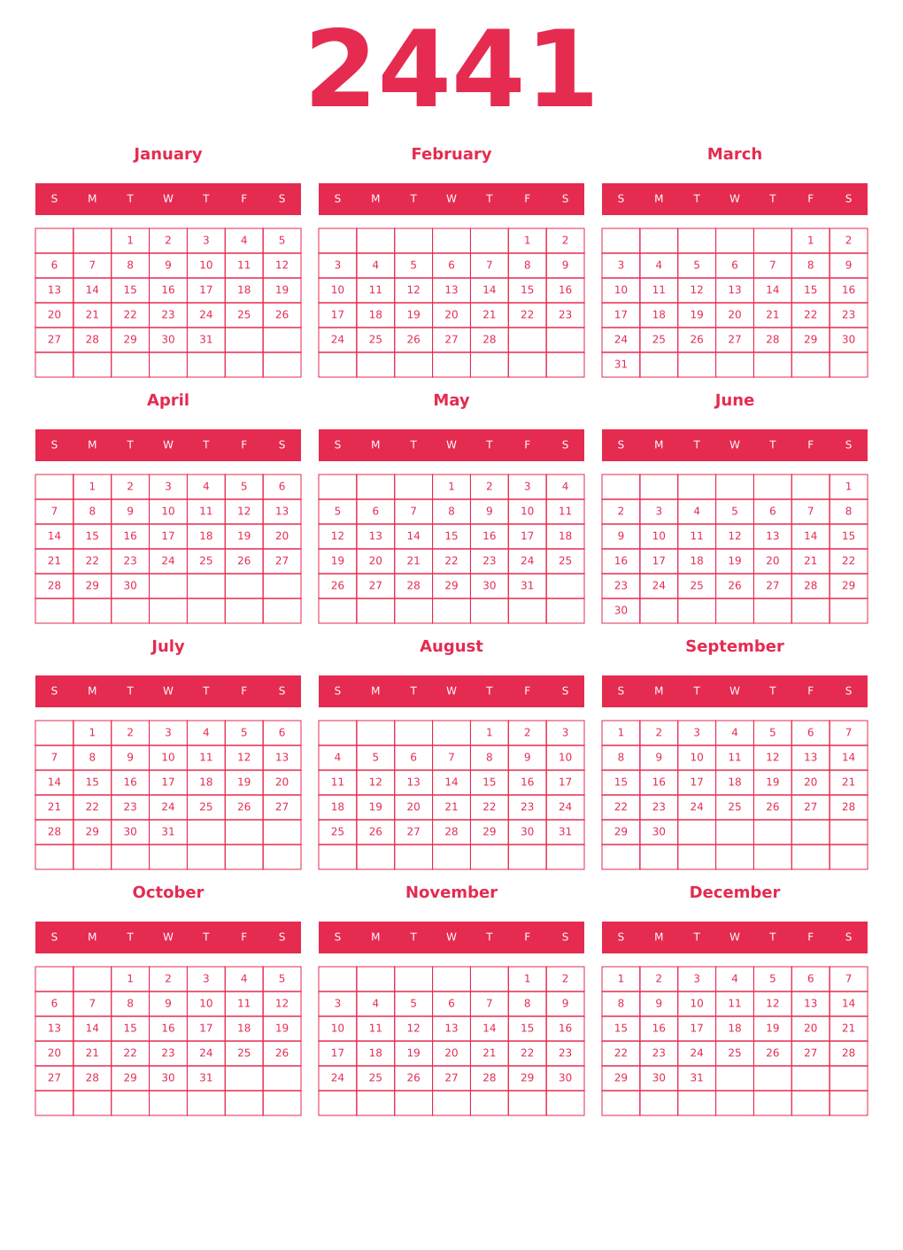 Printable 2441 Year Calendars amaranth