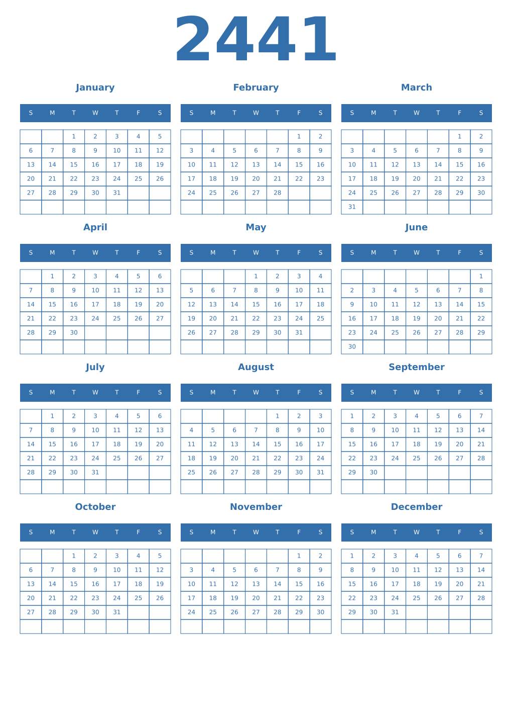 Printable 2441 Year Calendars blue