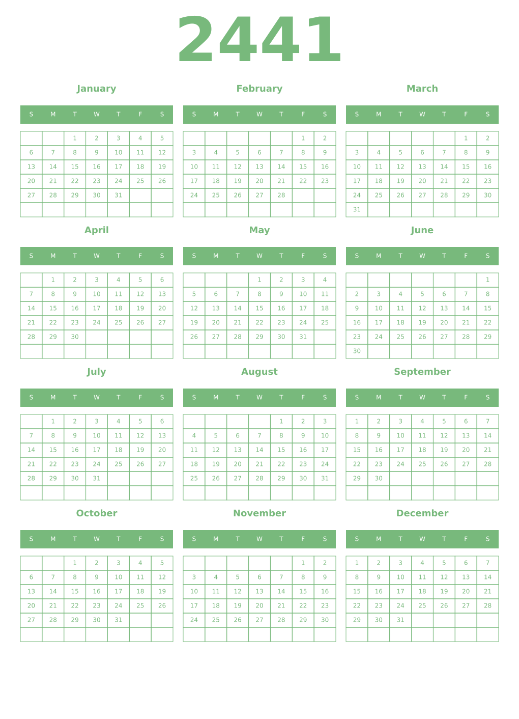 Printable 2441 Year Calendars celadon