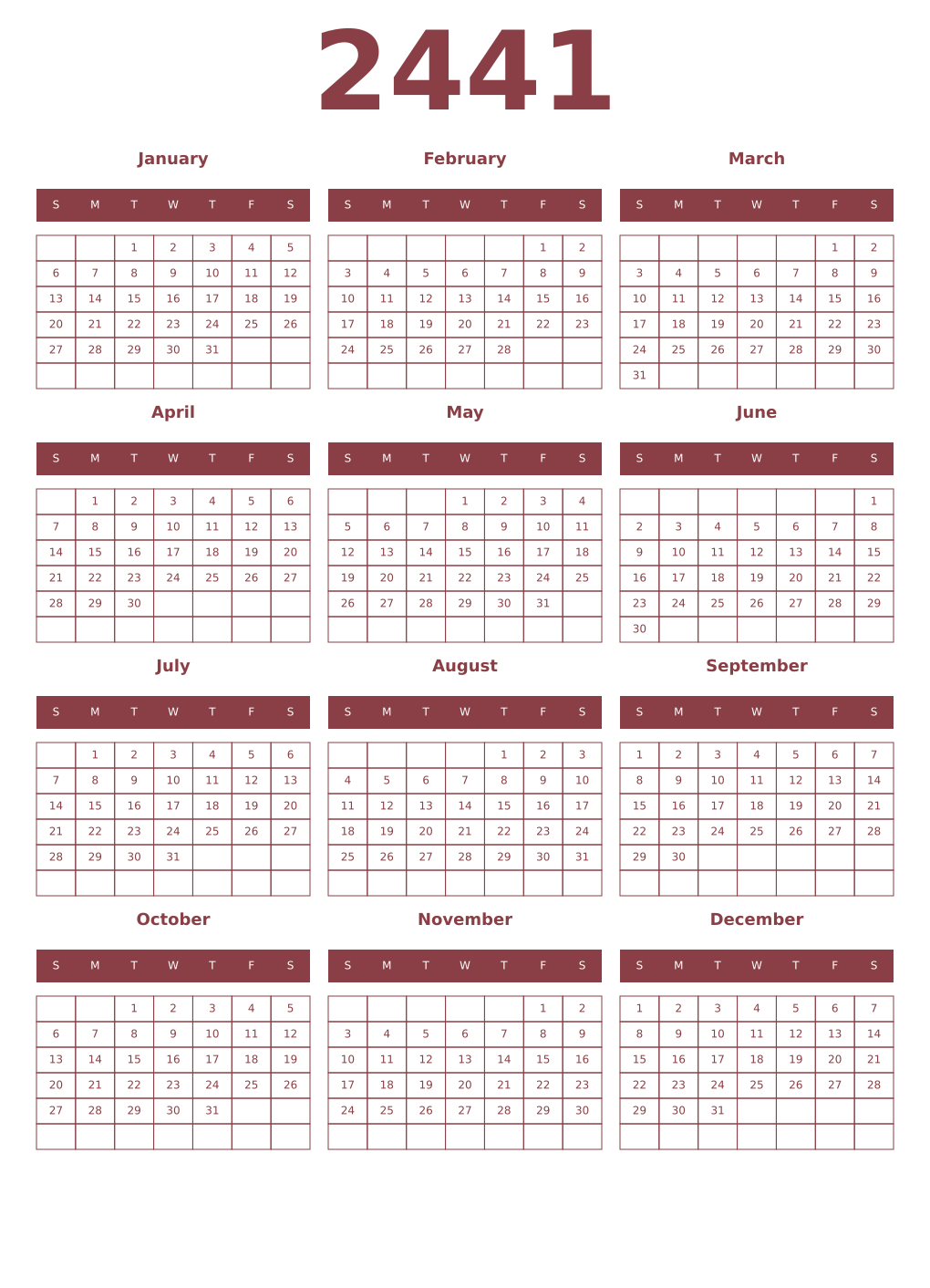 Printable 2441 Year Calendars cordovan