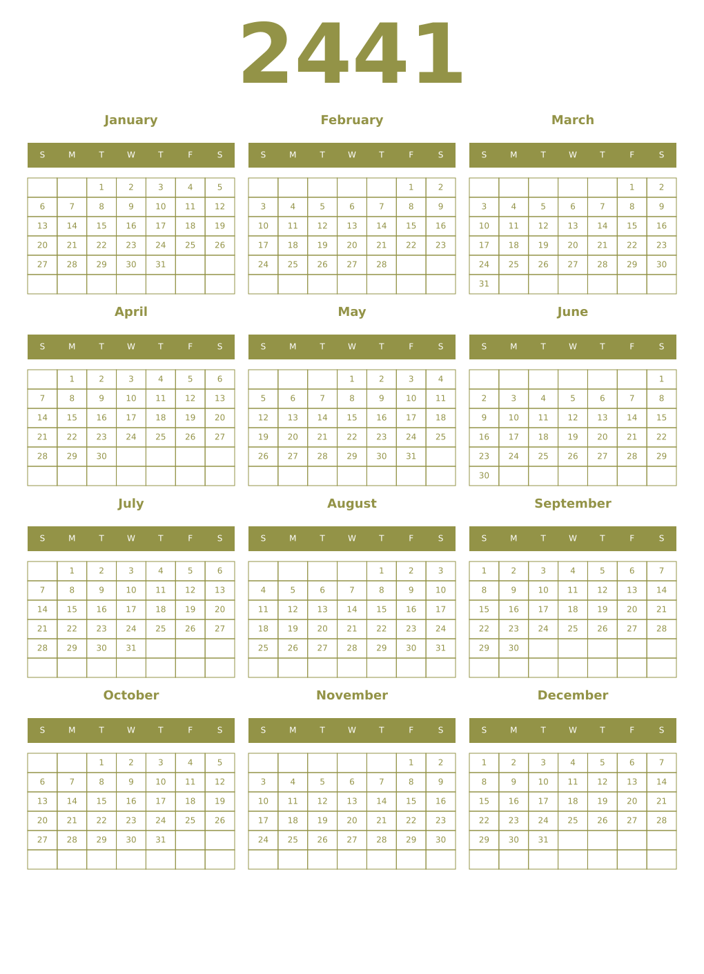 Printable 2441 Year Calendars eburnean