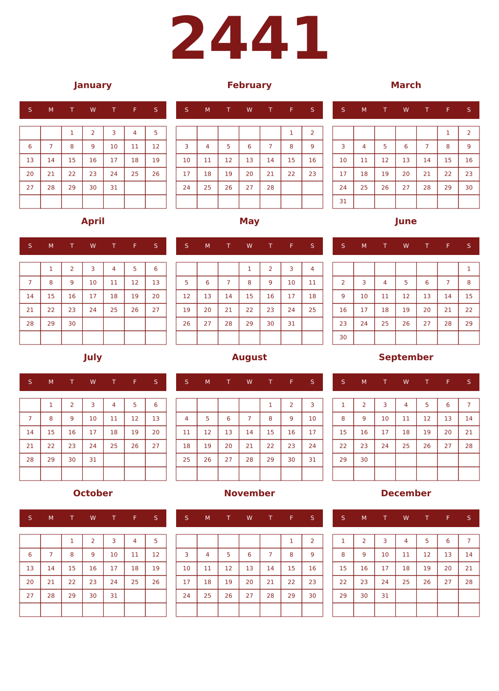 Printable 2441 Year Calendars falu