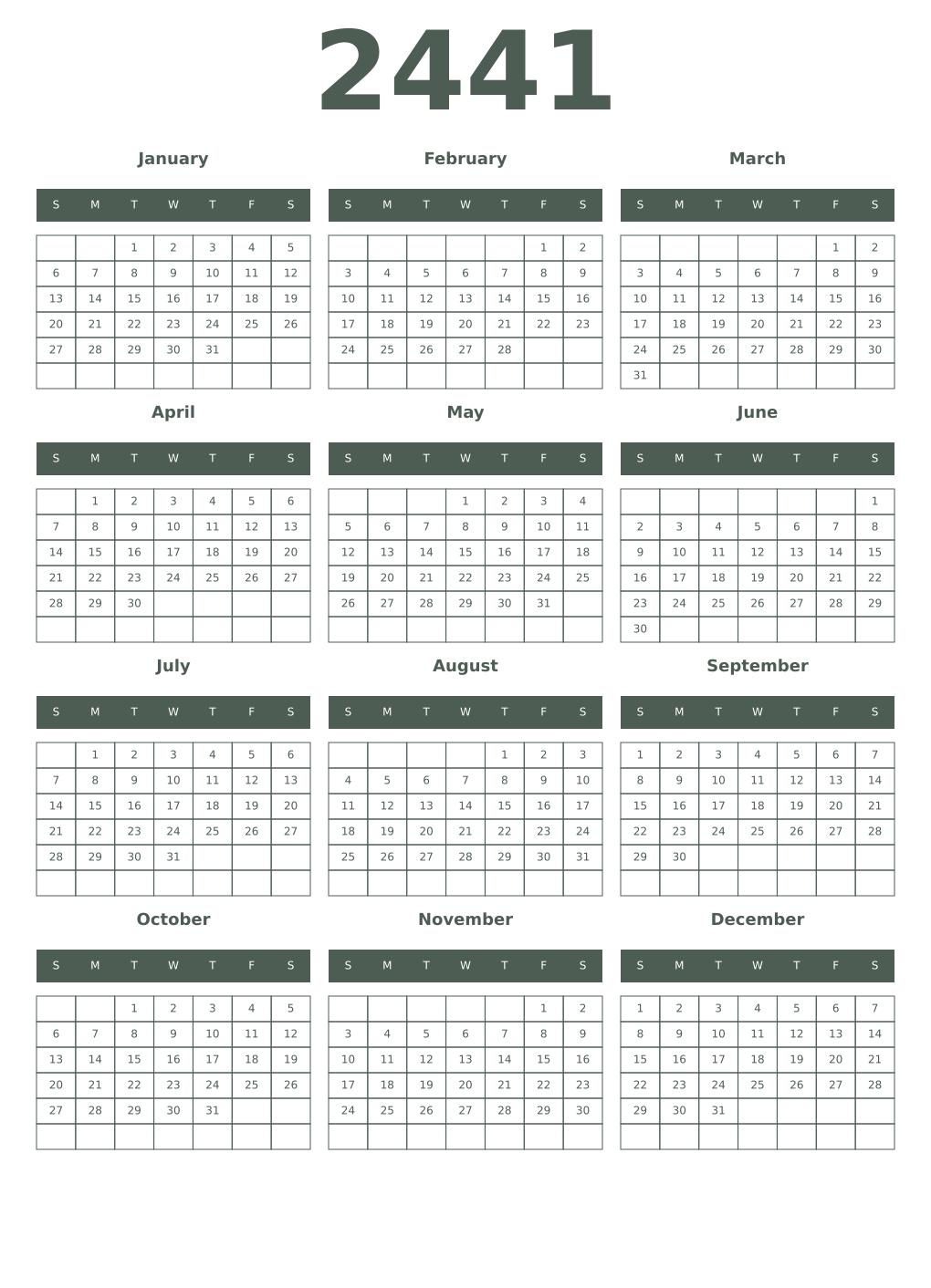 Printable 2441 Year Calendars feldgrau
