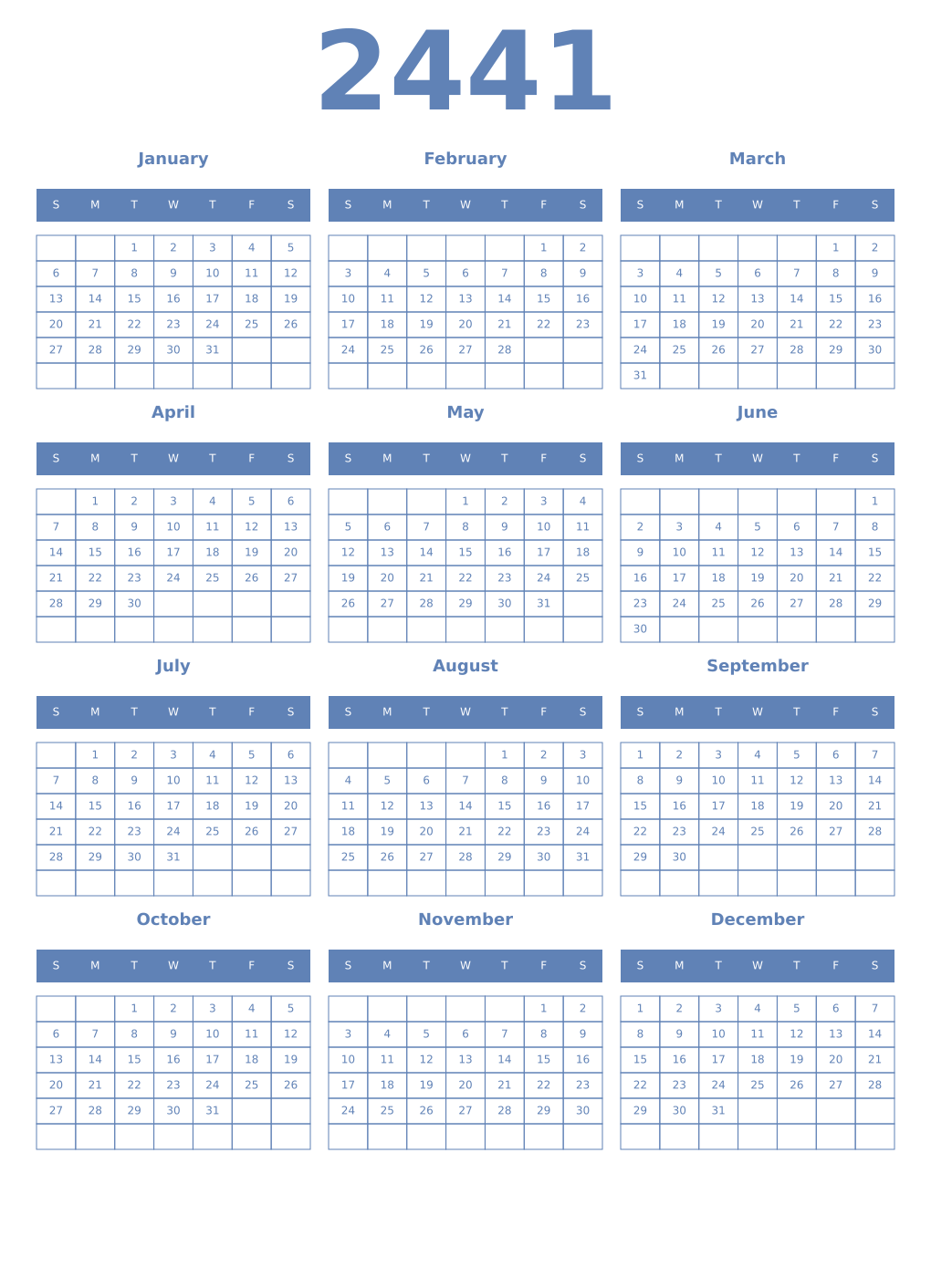 Printable 2441 Year Calendars glaucous