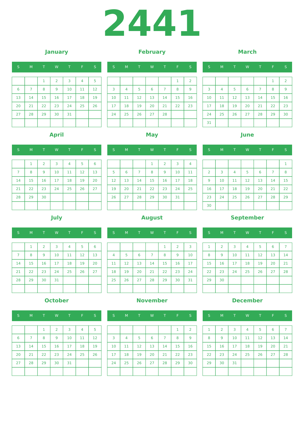 Printable 2441 Year Calendars green