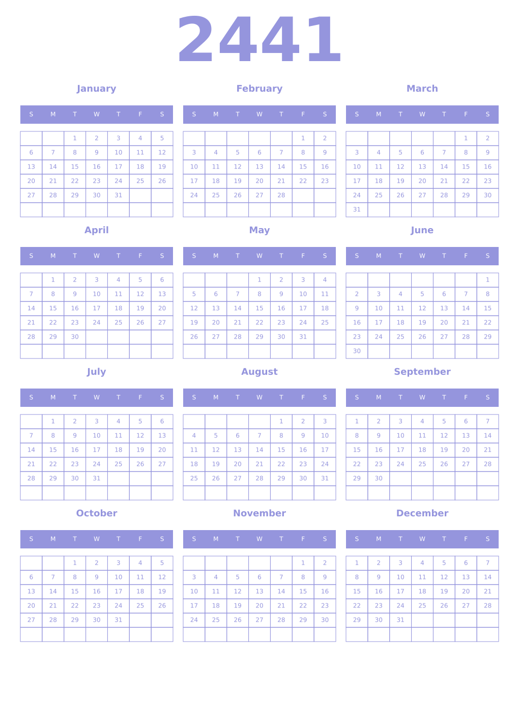 Printable 2441 Year Calendars periwinkle