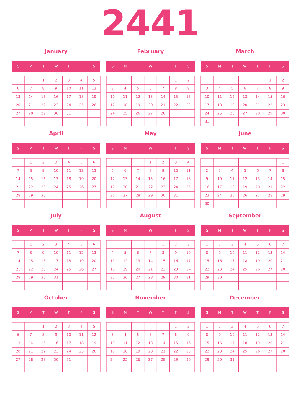 Printable 2441 Year Calendars pink